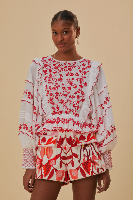 Load image into Gallery viewer, Off White With Red Embroidery Long Sleeve Blouse - Top
