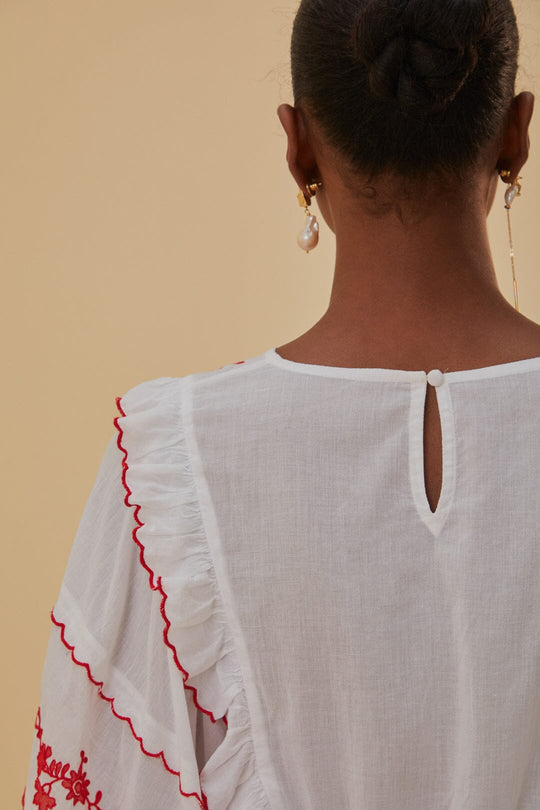 Load image into Gallery viewer, Off White With Red Embroidery Long Sleeve Blouse - Top

