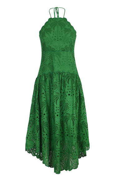 Palm Tree Eyelet Green Midi Dress Sleeveless