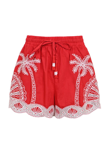 Red Palm Trees Embroidered Shorts