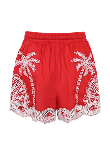 Red Palm Trees Embroidered Shorts
