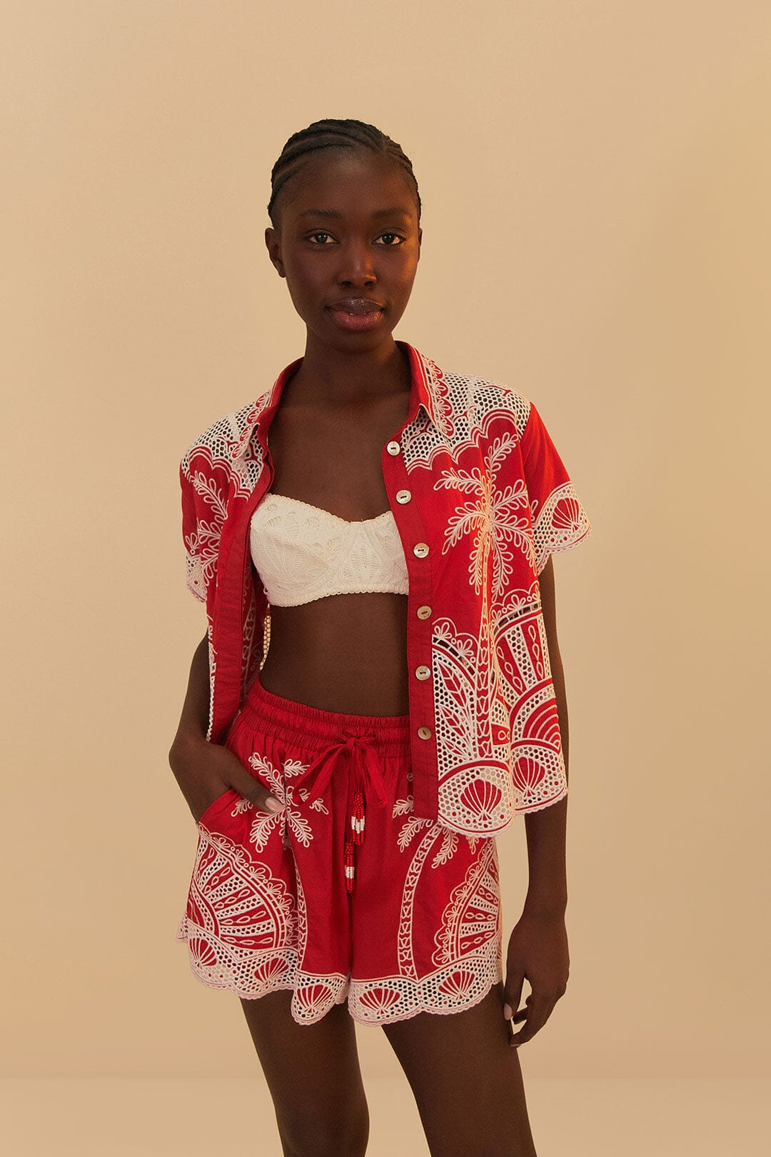 Load image into Gallery viewer, Red Palm Trees Embroidered Shorts
