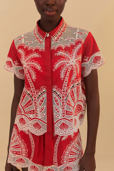 Red Palm Trees Embroidered Shirt