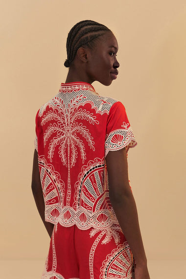 Red Palm Trees Embroidered Shirt