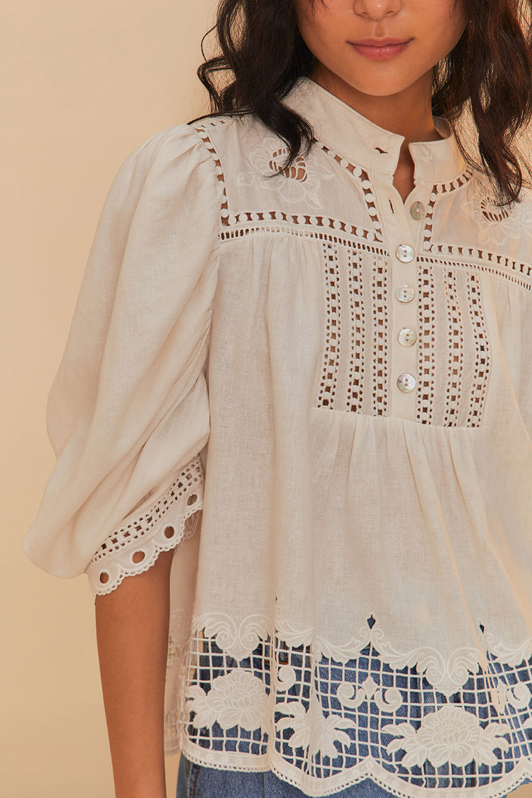 Load image into Gallery viewer, Romantic Richelieu Short Sleeve Blouse Off-White
