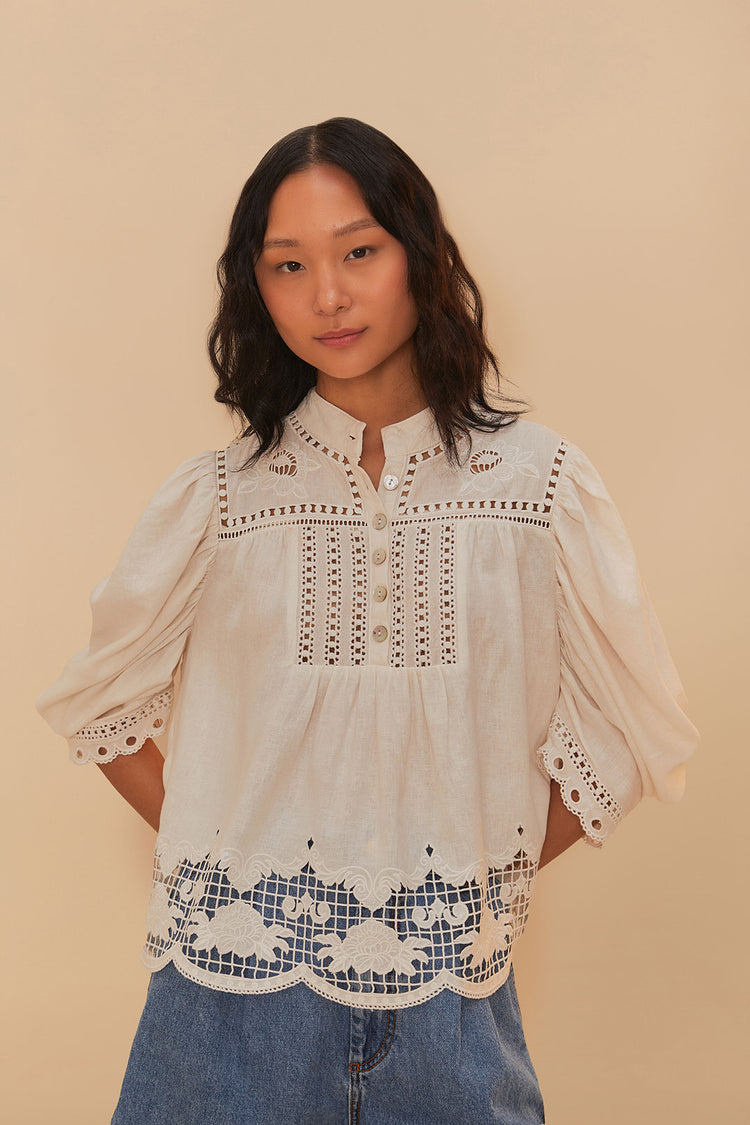 Load image into Gallery viewer, Romantic Richelieu Short Sleeve Blouse Off-White
