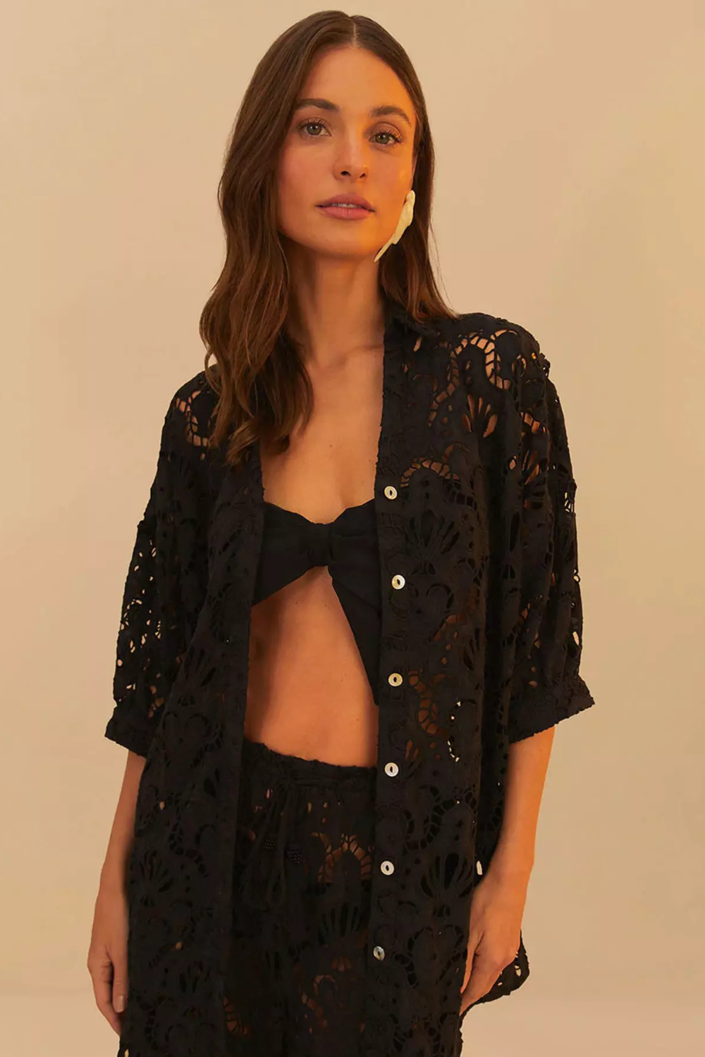 Load image into Gallery viewer, Seashell Eyelet Shirt Black
