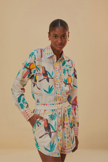 Stitched Birds Scarf Off White Short - Shorts