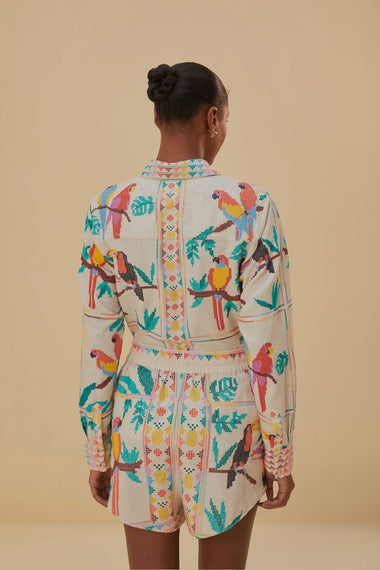 Stitched Birds Scarf Off White Short - Shorts