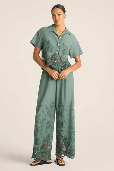 Flora Broderie Pant Sea Green