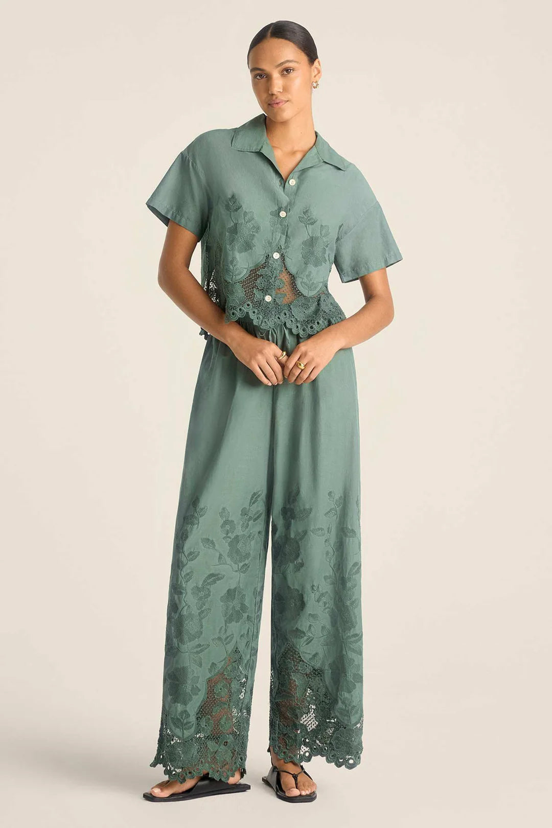 Load image into Gallery viewer, Flora Broderie Pant Sea Green
