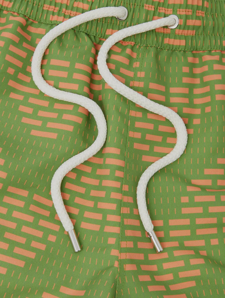 Load image into Gallery viewer, Rio Swim Short Raffia Copa Print Parakeet Green and Mandarin Orange

