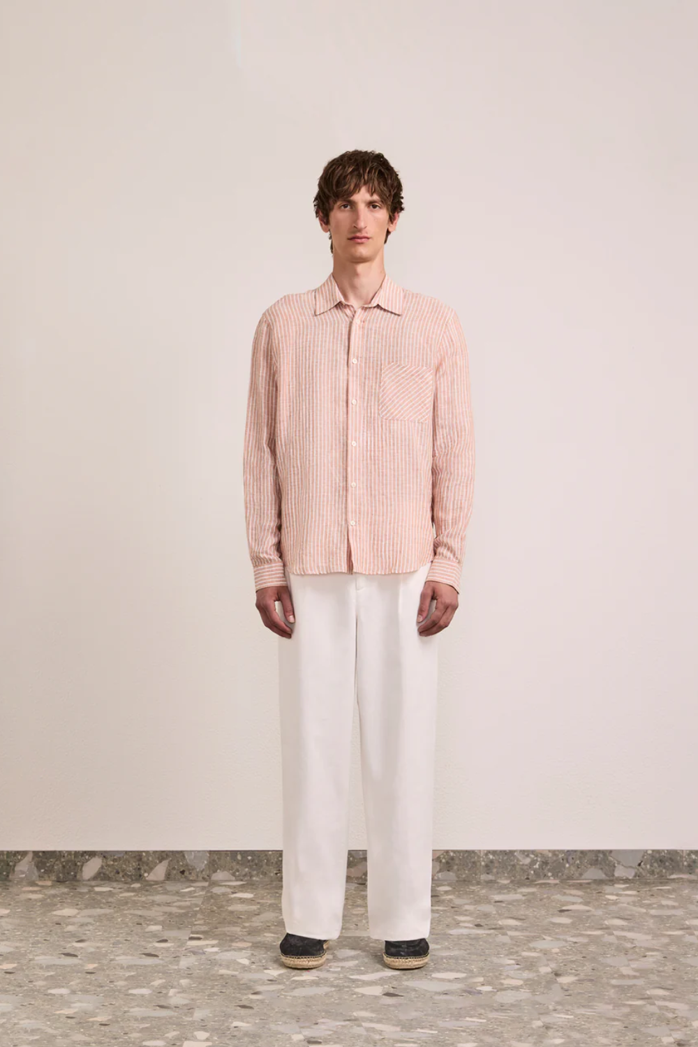Load image into Gallery viewer, Telles Linen Striped Shirt Long Sleeve Pale Cooper
