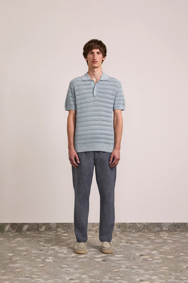 Vidal Cotton Jacquard Wave Buttoned Polo Coastal Blue