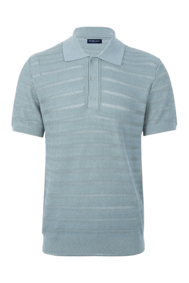 Vidal Cotton Jacquard Wave Buttoned Polo Coastal Blue