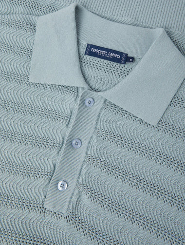 Vidal Cotton Jacquard Wave Buttoned Polo Coastal Blue