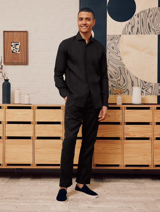Load image into Gallery viewer, Antonio Linen Shirt Long Sleeve Black - Long Sleeve Shirt
