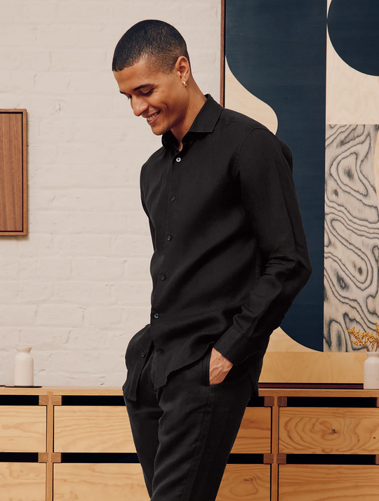 Load image into Gallery viewer, Antonio Linen Shirt Long Sleeve Black - Long Sleeve Shirt

