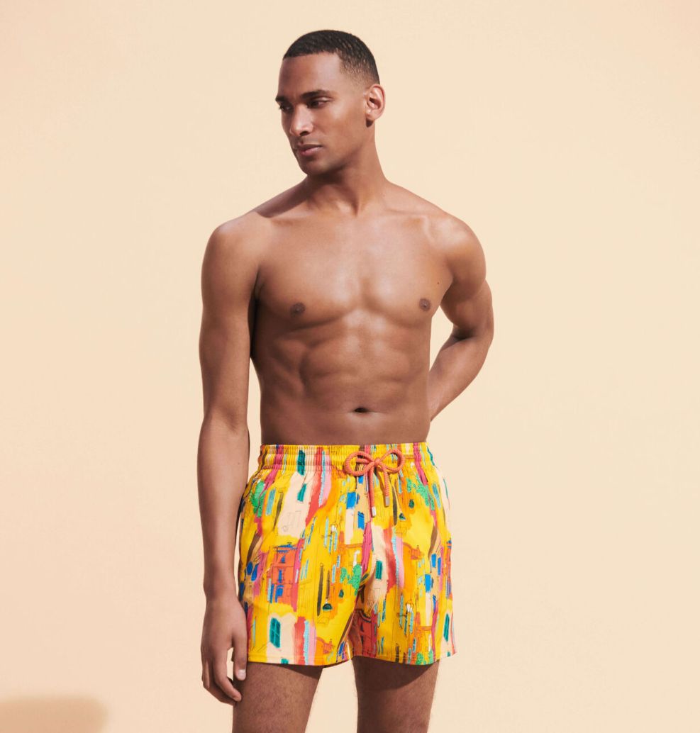 Load image into Gallery viewer, Men Stretch Swim Trunks Sunny Streets - Men’s Swim Shorts
