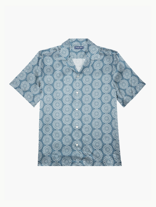 Men's Roberto Silk Short Sleeve Shirt with Medalhao Print - Summer Night & Cloud Blue