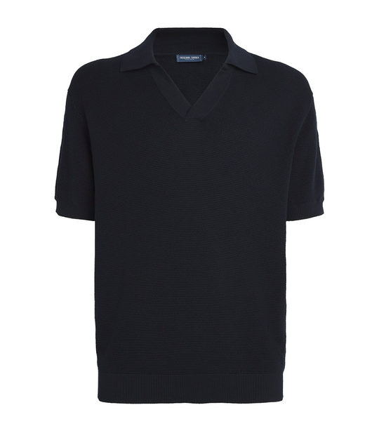 Rino Cotton Salt And Pepper Stitch Short Sleeve Knitted Polo Navy - Top