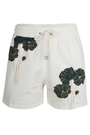 Rio Swim Short Linear Floral Print Ivory and Evergreen
