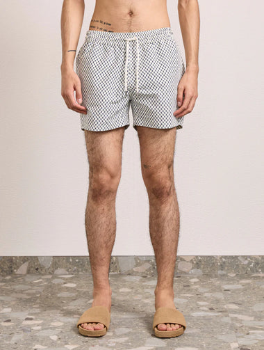Rio Swim Short Micro Copa Print Ivory & Charcoal Blue
