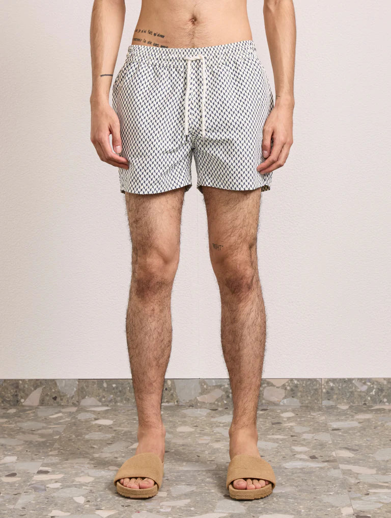 Load image into Gallery viewer, Rio Swim Short Micro Copa Print Ivory &amp;amp; Charcoal Blue
