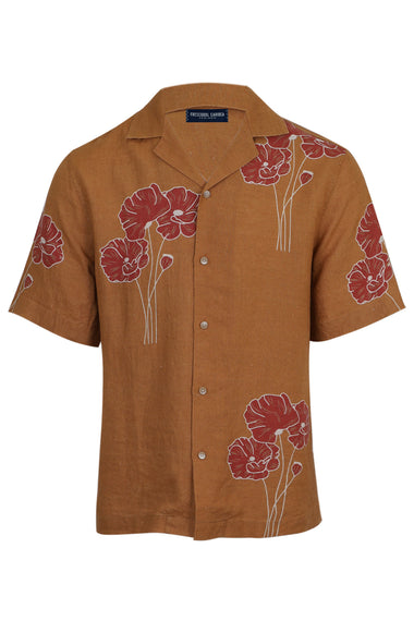 Roberto Linen Shirt Linear Floral Print Almond and Coral Rose
