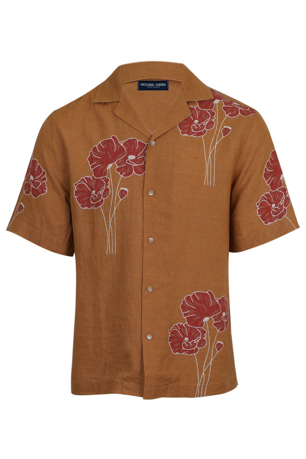 Load image into Gallery viewer, Roberto Linen Shirt Linear Floral Print Almond and Coral Rose
