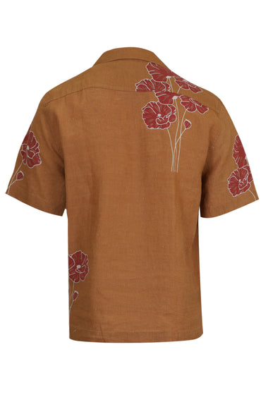 Roberto Linen Shirt Linear Floral Print Almond and Coral Rose