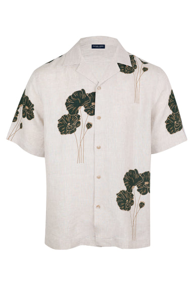 Roberto Linen Short Linear Floral Print Ecru and Evergreen