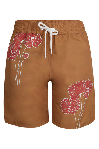 Santos Swim Short Linear Floral Print Almond and Coral Rose
