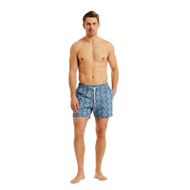 Men’s Sport Swim Shorts with Medalhao Print - Summer Night & Cloud Blue - Swim Shorts