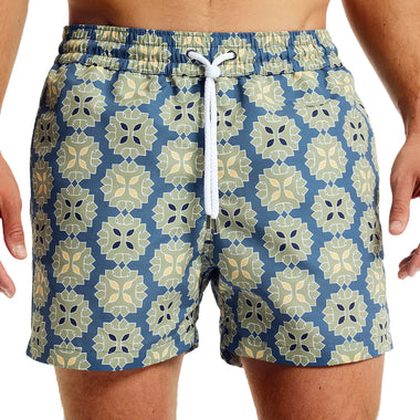 Men’s Sport Swim Shorts with Medalhao Print - Summer Night & Jungle Green - Swim Shorts