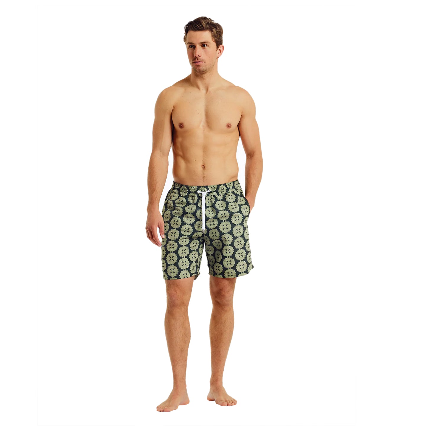 Load image into Gallery viewer, Men’s Swim Board Shorts with Medalhao Print - Jungle Green &amp;amp; Botanical Green - Swim Shorts
