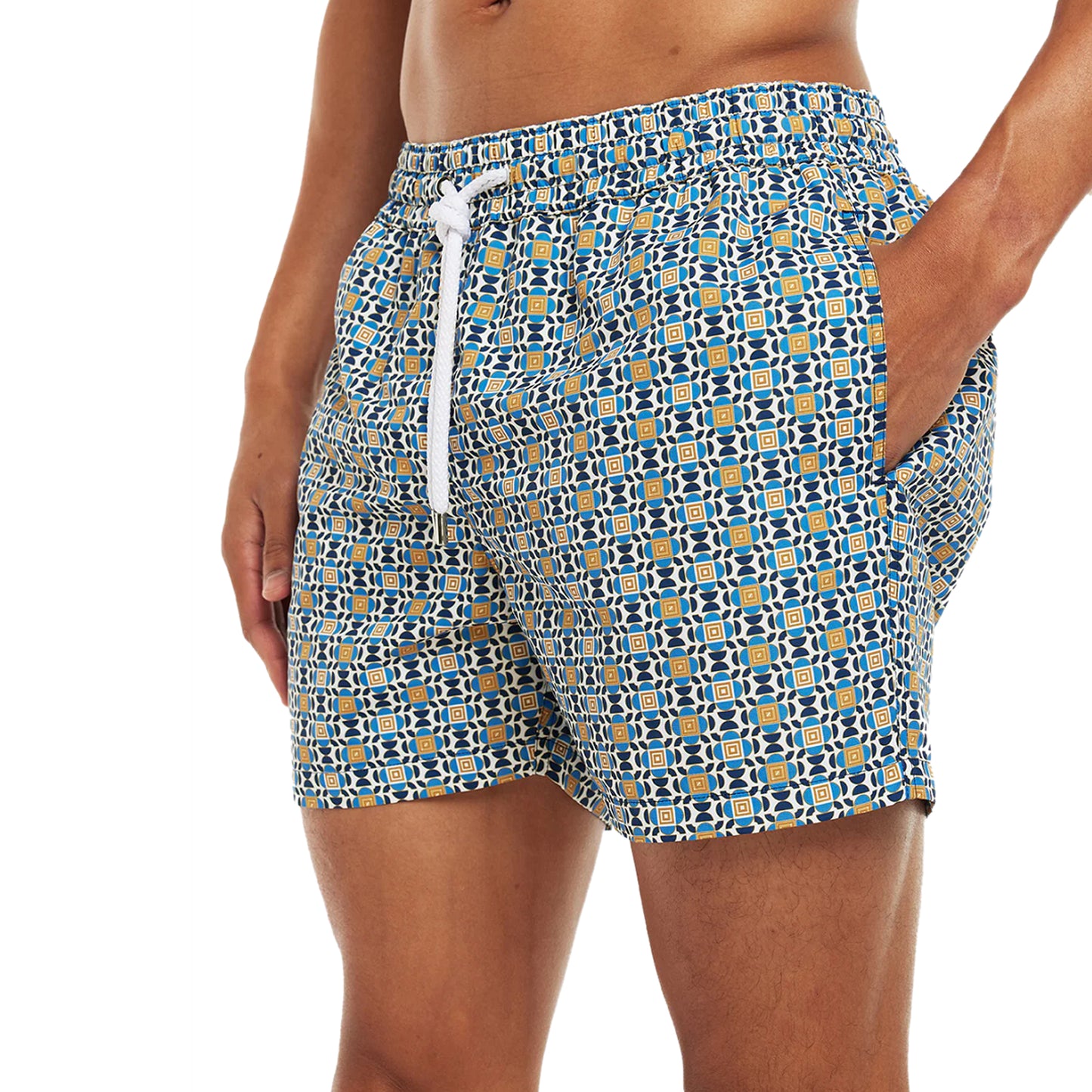 Load image into Gallery viewer, Sports Angra Deco Print Swim Short White/Chateau Blue/Gold/Ocean Blue - Swim Shorts
