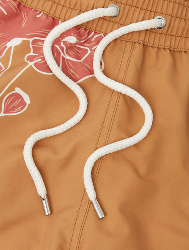 Santos Swim Short Linear Floral Print Almond and Coral Rose