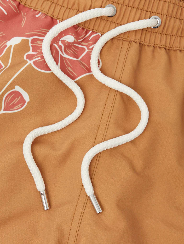 Load image into Gallery viewer, Santos Swim Short Linear Floral Print Almond and Coral Rose
