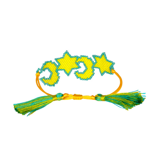 Glass Beads On Satin Thread Moon And Star Yellow/Blue Bracelet