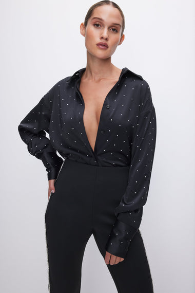Crystal Studded Satin Shirt Black - Bottoms