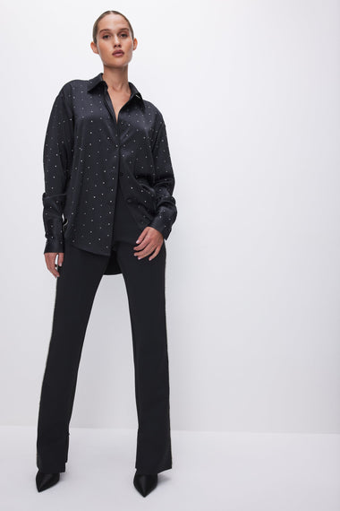 Crystal Studded Satin Shirt Black - Bottoms