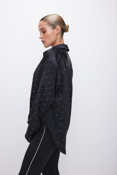 Crystal Studded Satin Shirt Black - Bottoms