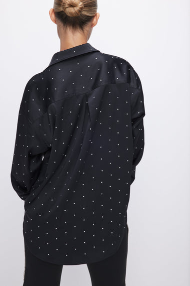 Crystal Studded Satin Shirt Black - Bottoms