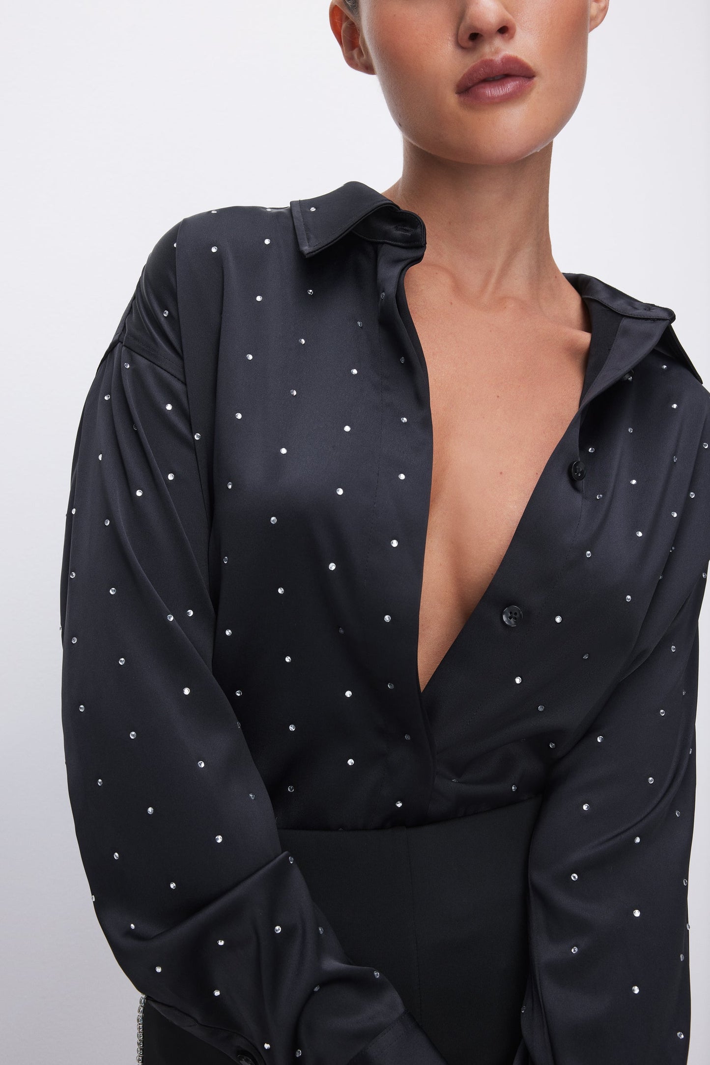 Load image into Gallery viewer, Crystal Studded Satin Shirt Black
