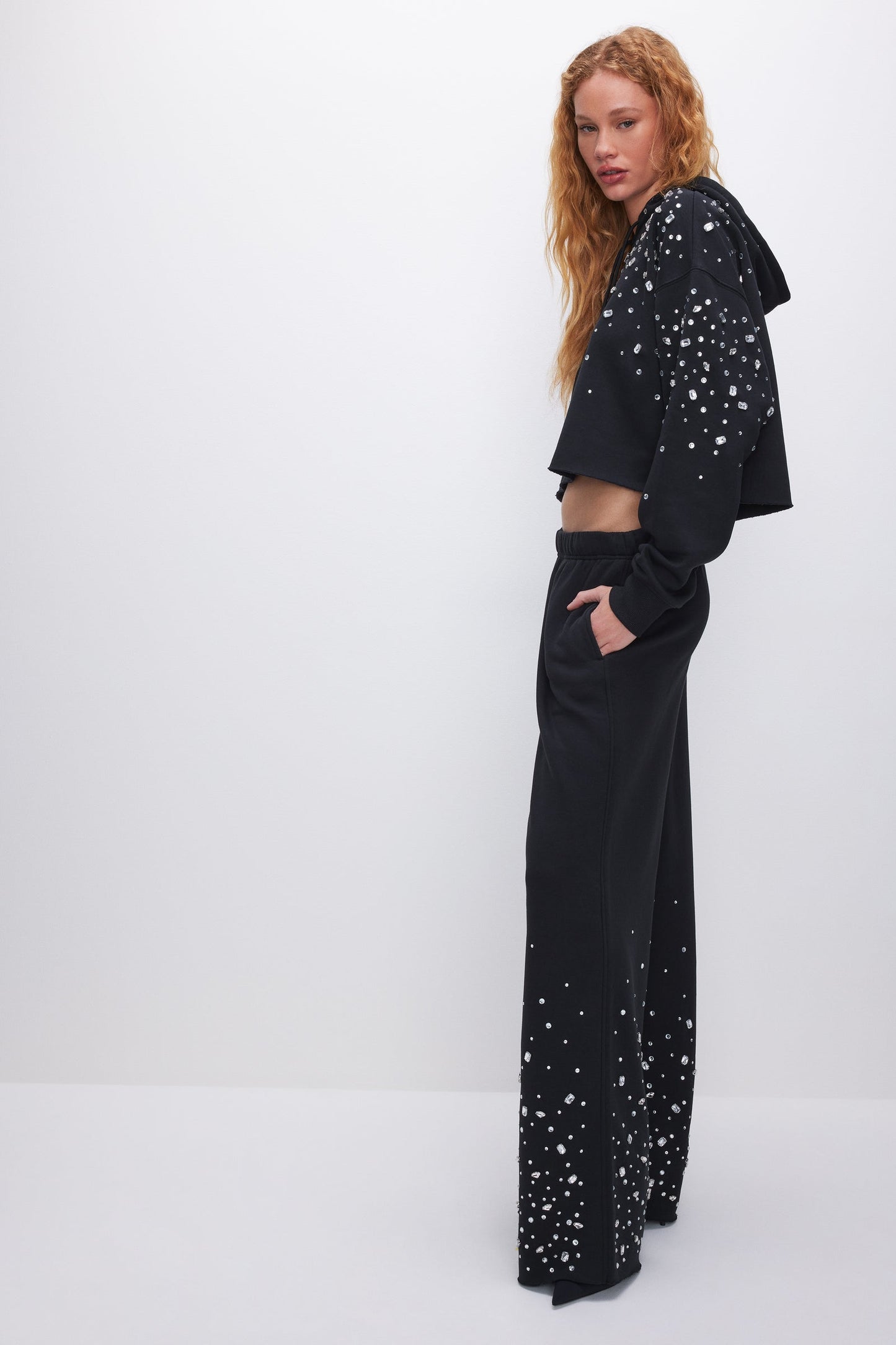 Load image into Gallery viewer, Crystal Wide Leg Sweatpant Black - Bottoms
