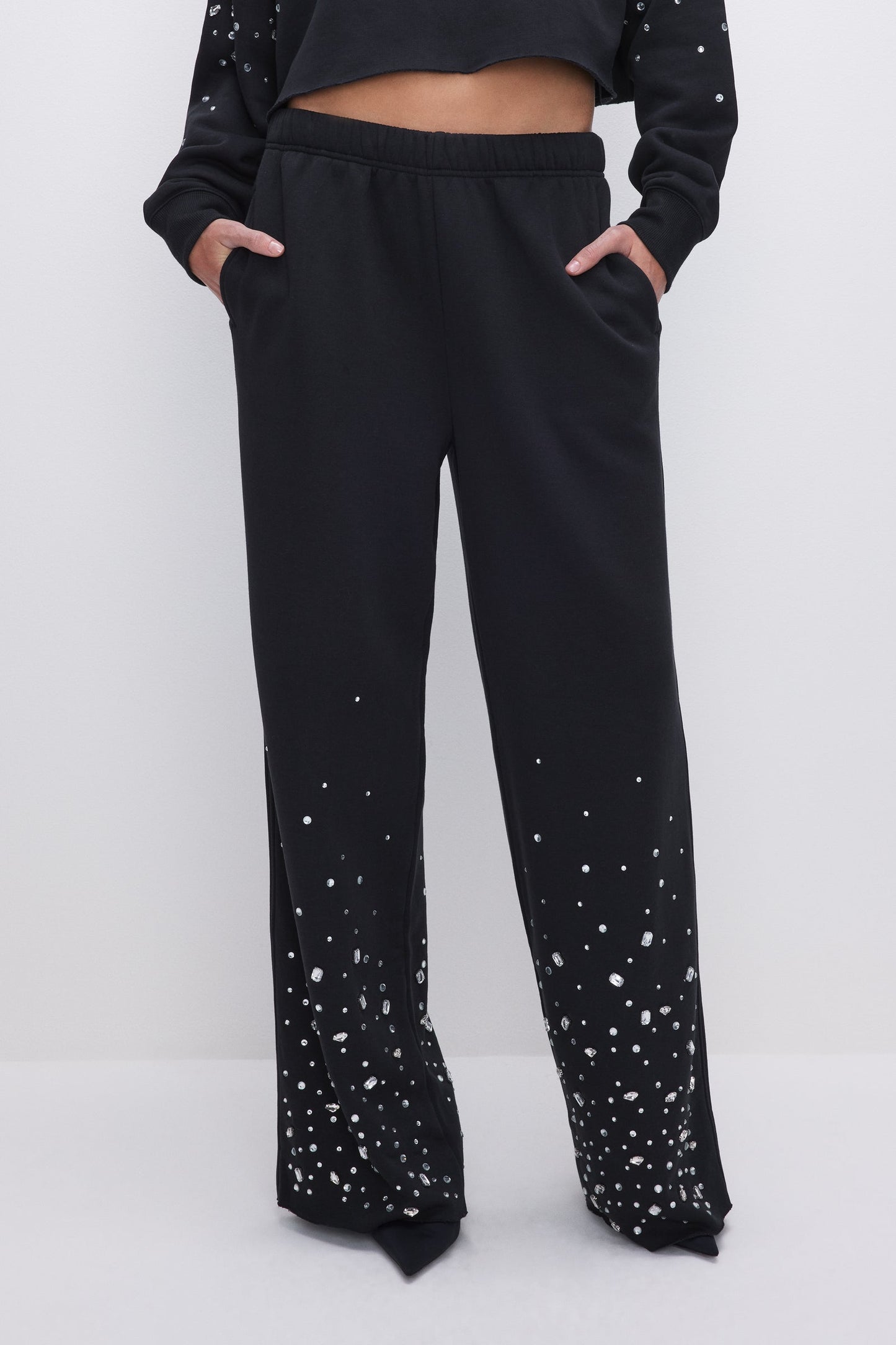 Load image into Gallery viewer, Crystal Wide Leg Sweatpant Black - Bottoms
