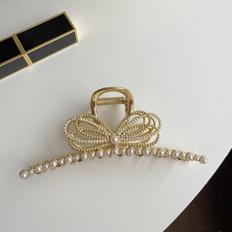 Load image into Gallery viewer, Gold Pearl Butterfly Bow Hair Claw Clip
