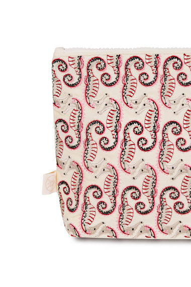 Seahorse Embroidered Wet Bikini Pouch Cream