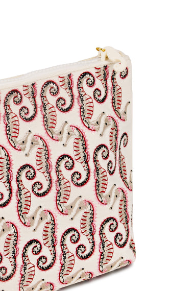 Seahorse Embroidered Wet Bikini Pouch Cream